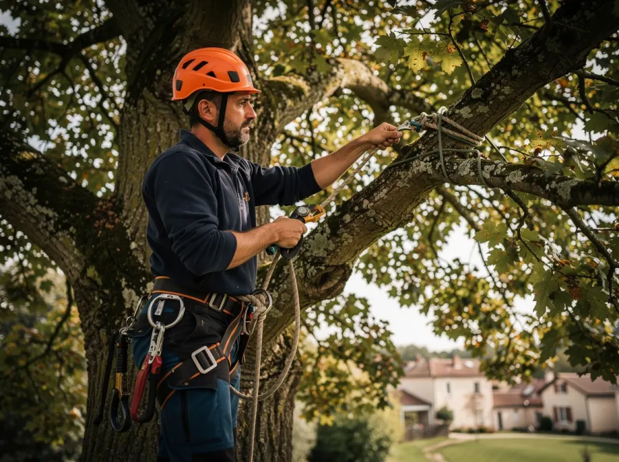 Élagueur grimpeur taillant un arbre