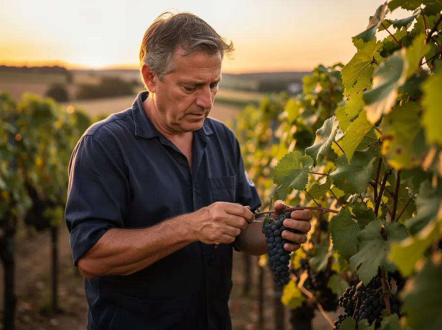 Viticulteur contrôlant les raisins dans sa vigne