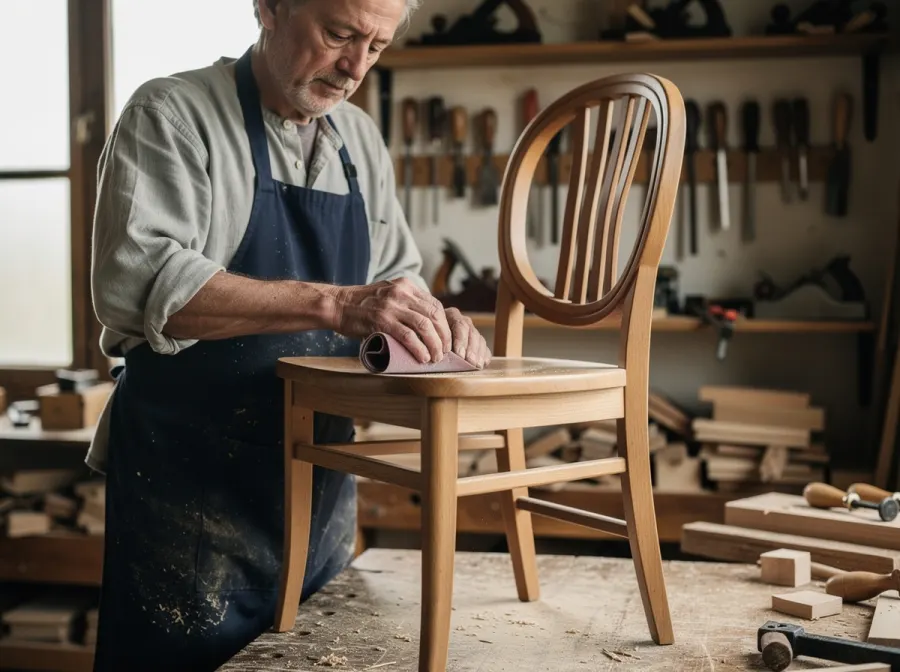 Ébéniste ponçant une chaise dans son atelier