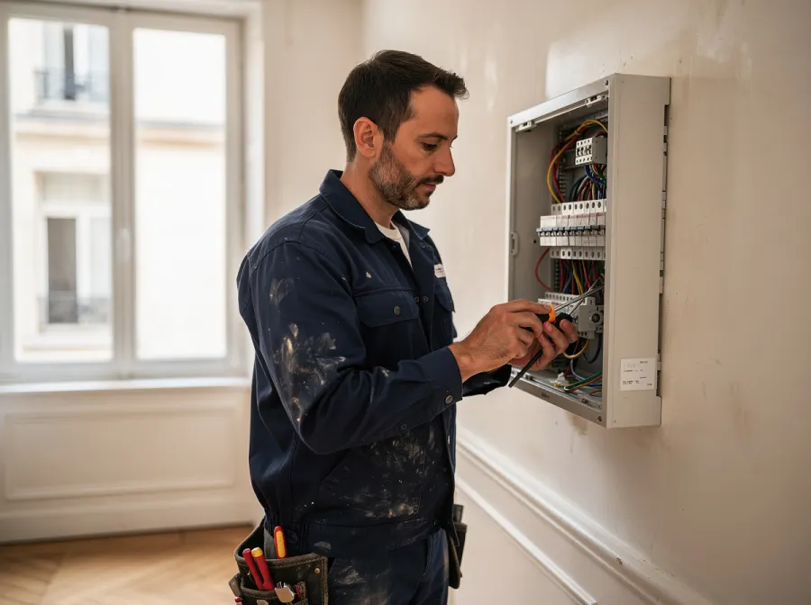Électricien installant un tableau électrique dans un appartement en rénovation