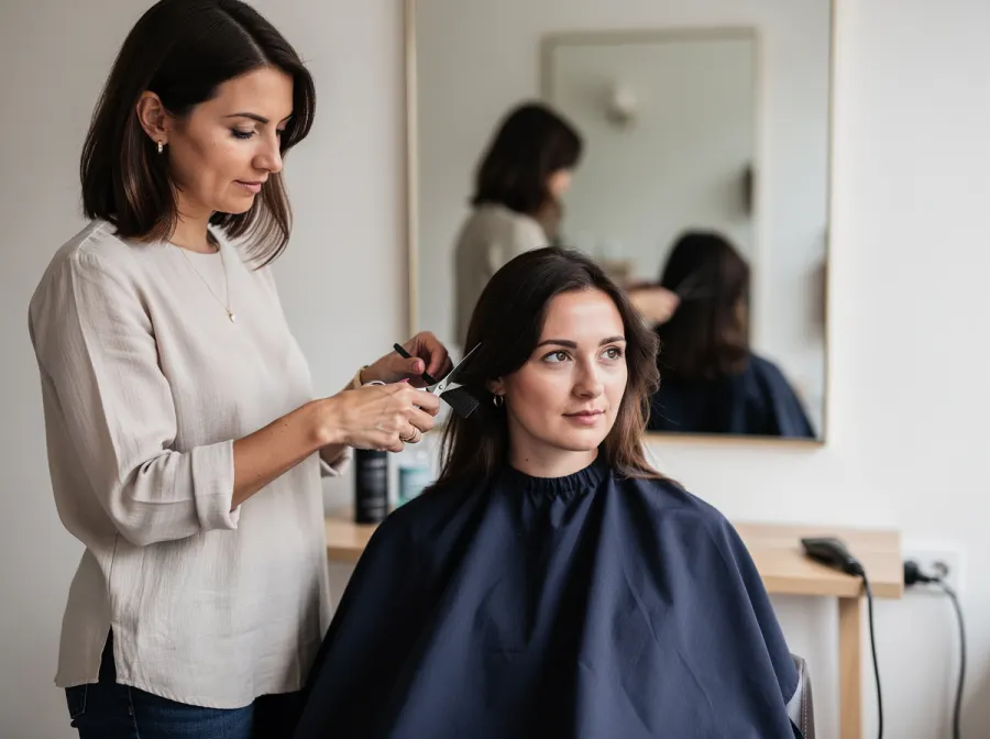 Coiffeuse coupant les cheveux d'une cliente en salon