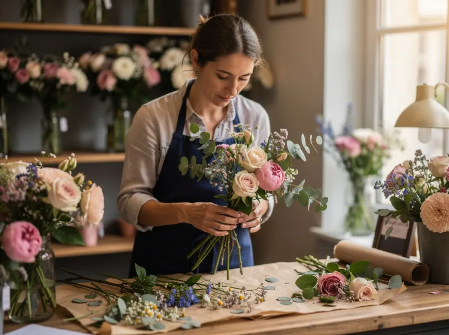 Fleuriste composant un bouquet en boutique