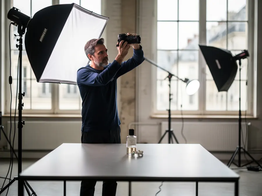 Photographe réglant l'éclairage d'une séance