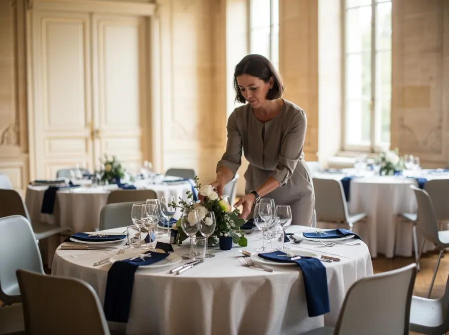 Organisatrice d'événements préparant une salle de réception