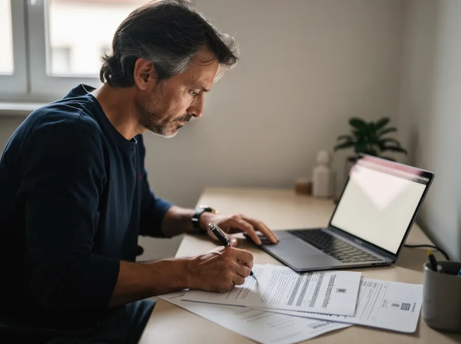 Professionnel indépendant relisant un contrat d'assurance
