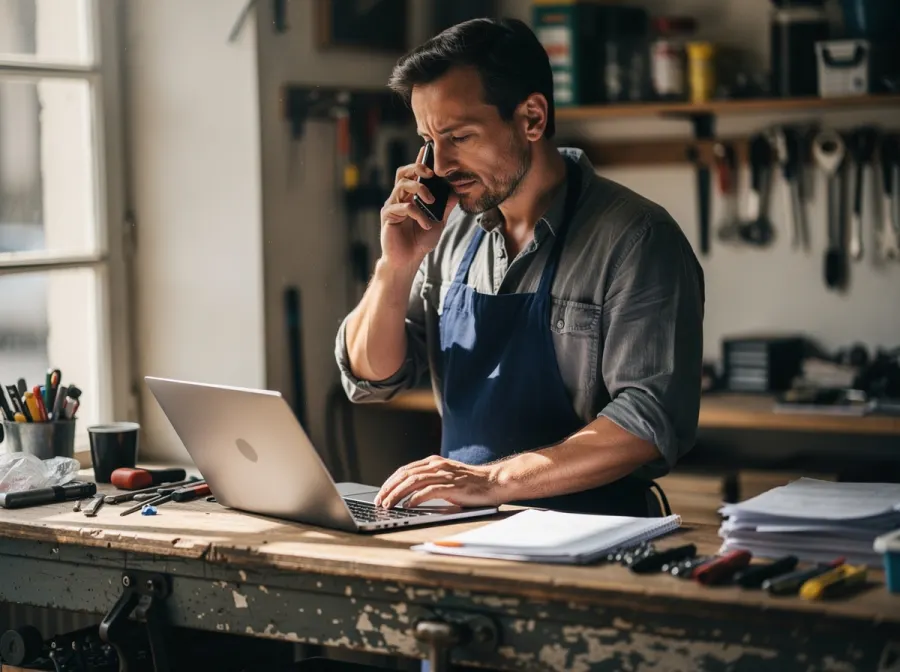 Chef d'entreprise au téléphone dans son atelier