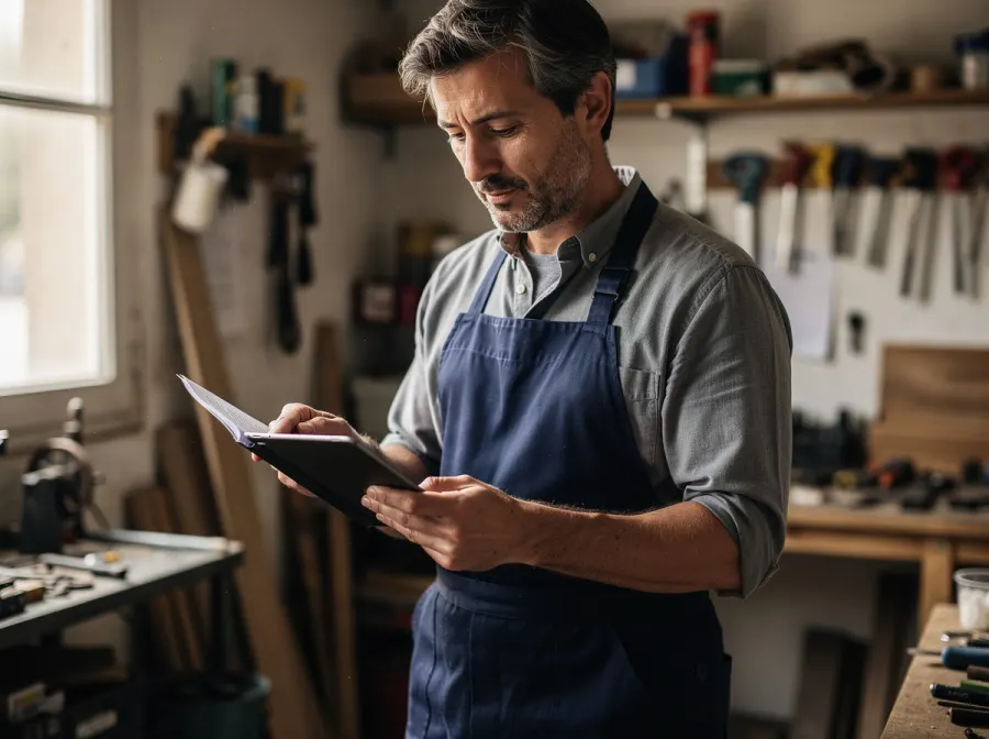 Artisan consultant un document sur tablette