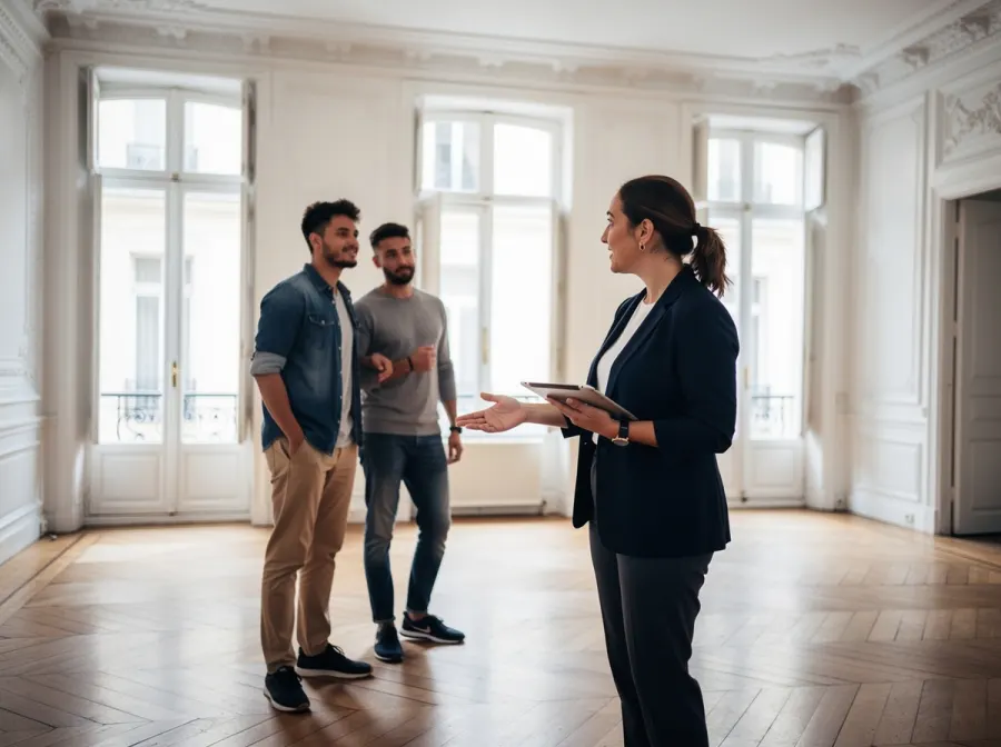 Agent immobilier faisant visiter un appartement