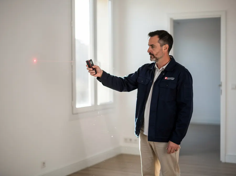 Diagnostiqueur mesurant une pièce au télémètre
