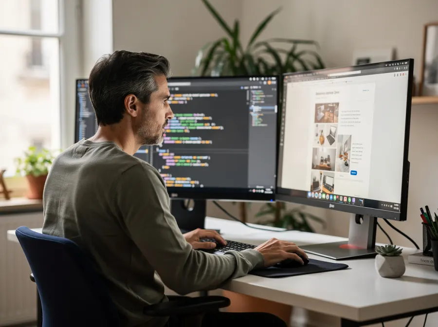 Développeur web travaillant sur deux écrans