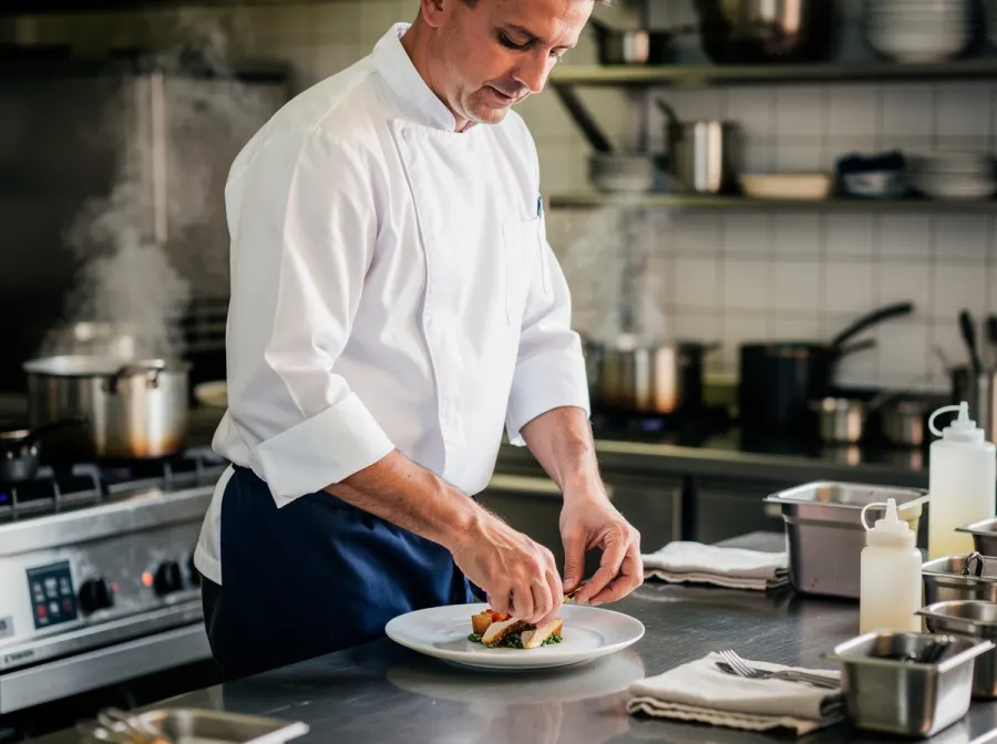 Cuisinier dressant une assiette en cuisine professionnelle