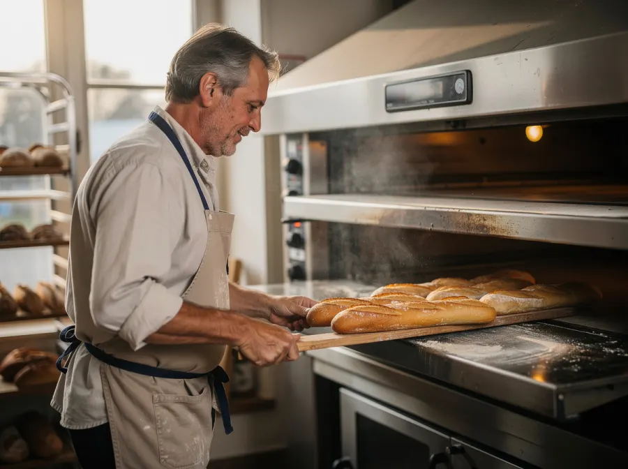 Boulanger sortant des baguettes du four