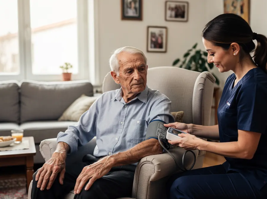 Infirmière libérale prenant la tension d'un patient à domicile