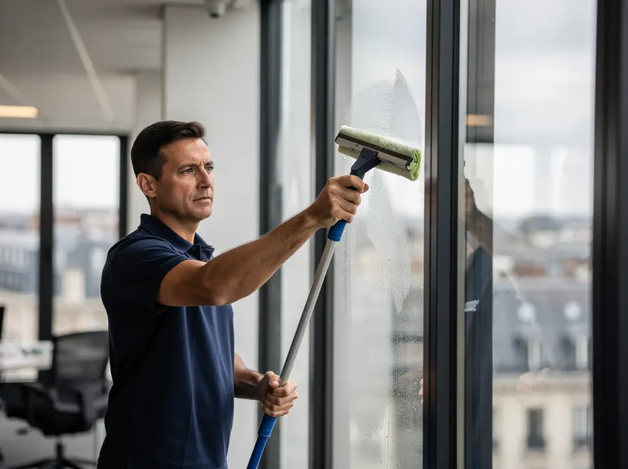 Agent de nettoyage lavant les vitres d'un bureau