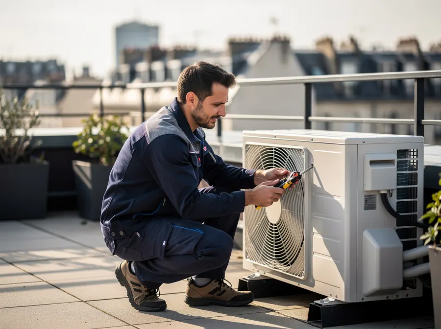 Technicien entretenant une unité de climatisation