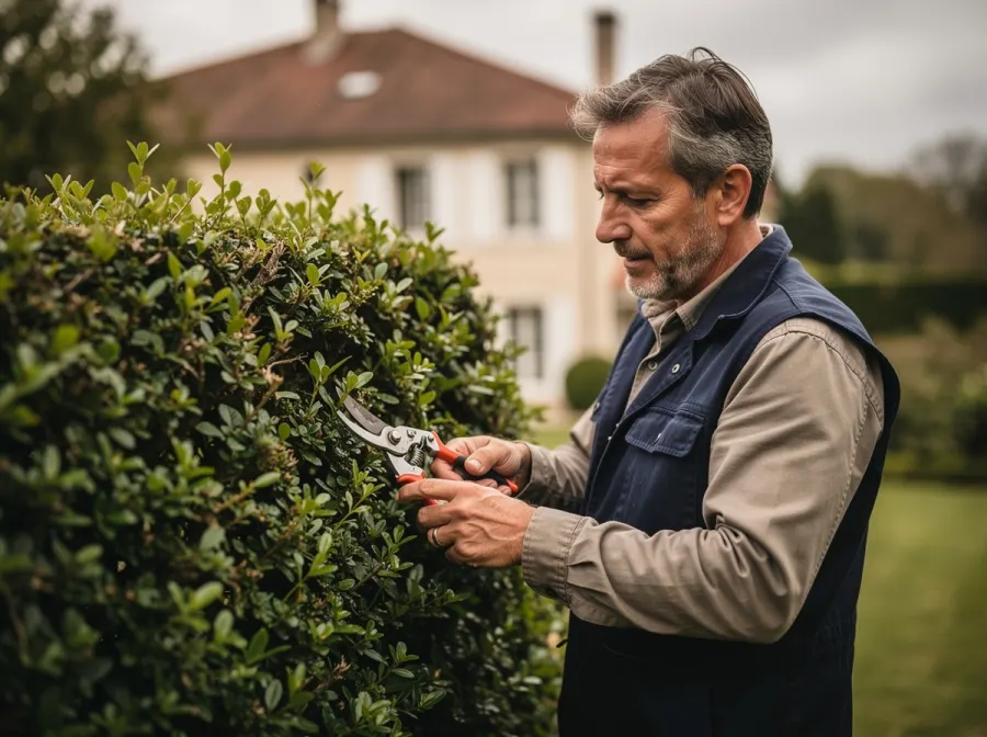 Jardinier taillant une haie chez un particulier