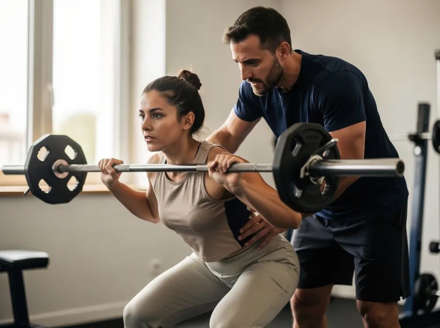 Coach sportif accompagnant une cliente en salle
