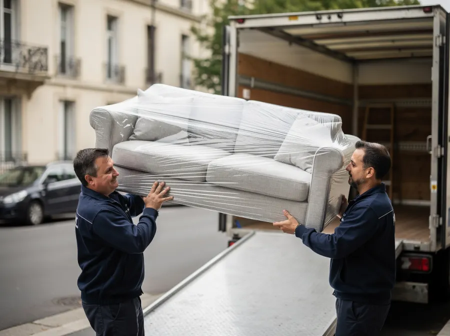 Déménageurs chargeant un canapé dans un camion