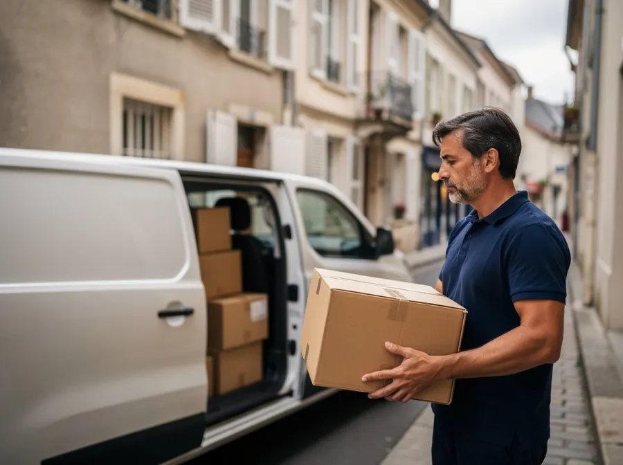 Livreur déchargeant des colis de sa camionnette